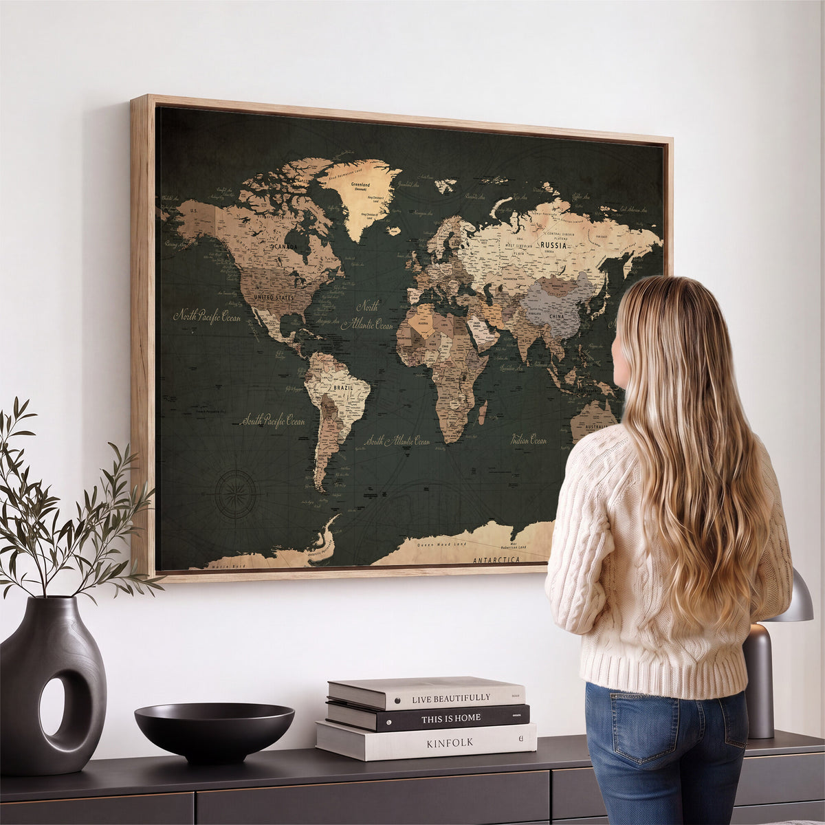 62059333-MGV-CV-36X24 - World Map Wall Art Canvas Print, Modern Decorative Framed Map Artwork Prints for Living Room, Office, Bedroom Wall Decor