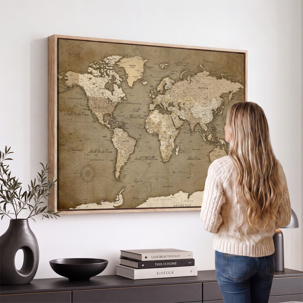 82314635-MGV-CV-36X24 - World Map Wall Art Canvas Print, Modern Decorative Framed Map Artwork Prints for Living Room, Office, Bedroom Wall Decor