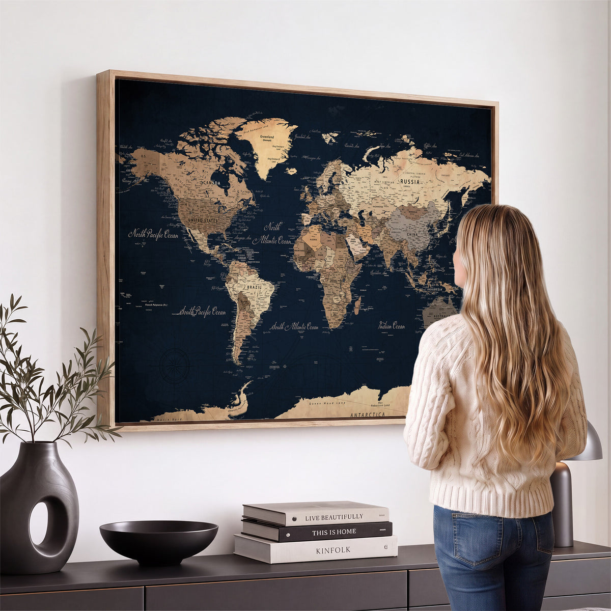 53971530-MGV-CV-36X24 - World Map Wall Art Canvas Print, Modern Decorative Framed Map Artwork Prints for Living Room, Office, Bedroom Wall Decor