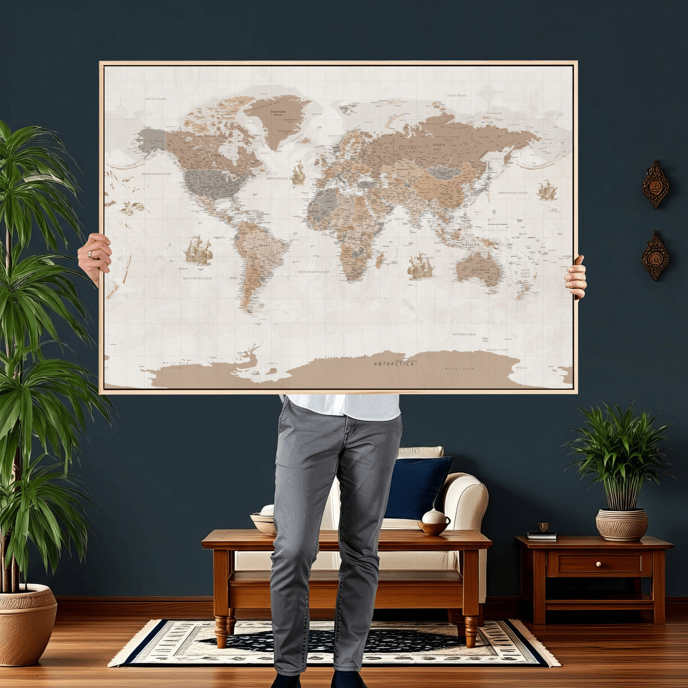 85057279-MGV-CV-36X24 - World Map Wall Art Canvas Print, Modern Decorative Framed Map Artwork Prints for Living Room, Office, Bedroom Wall Decor