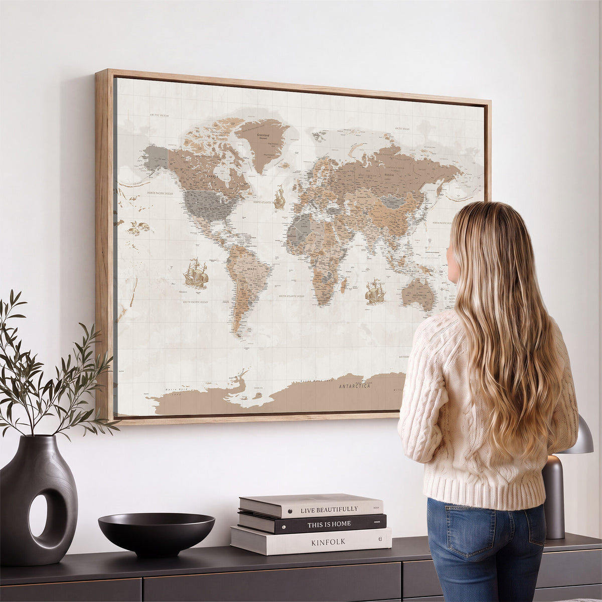 85057279-MGV-CV-36X24 - Framed Large World Map Canvas Print for Office Decor