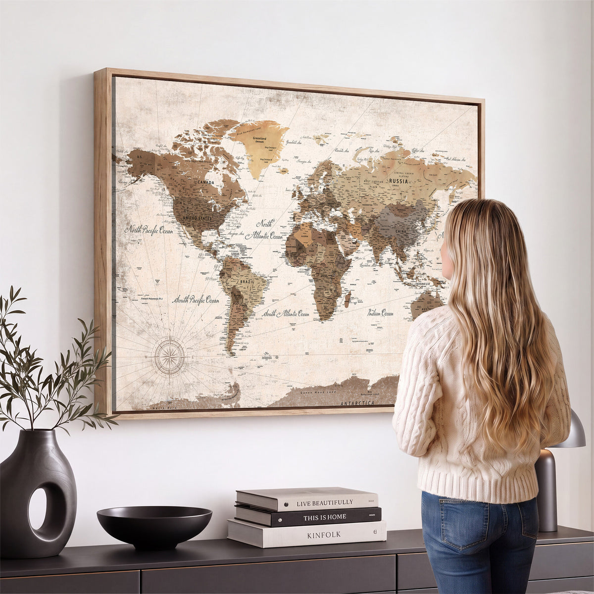 38923639-MGV-CV-36X24 - World Map Wall Art Canvas Print, Modern Decorative Framed Map Artwork Prints for Living Room, Office, Bedroom Wall Decor