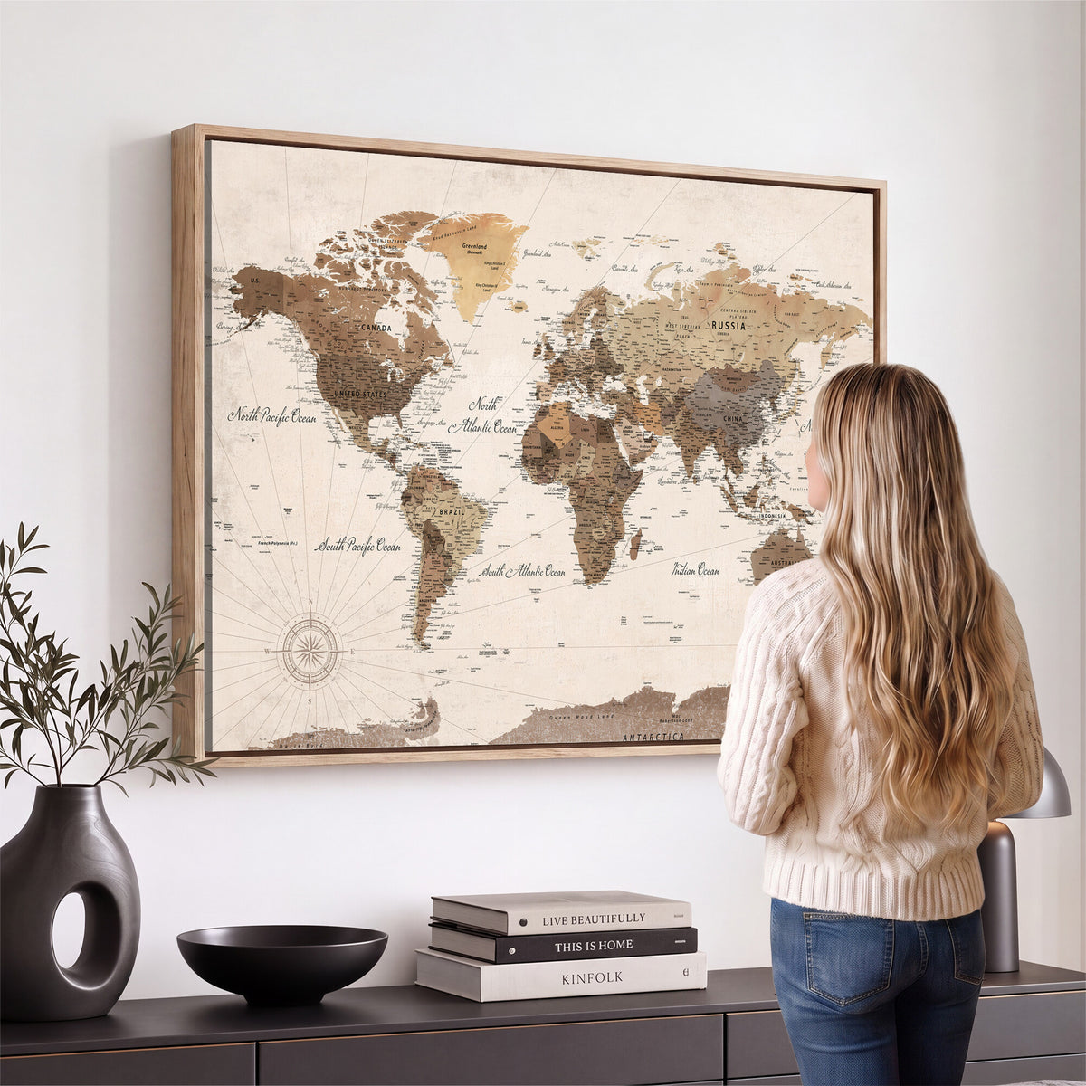 69860078-MGV-CV-36X24 - World Map Wall Art Canvas Print, Modern Decorative Framed Map Artwork Prints for Living Room, Office, Bedroom Wall Decor