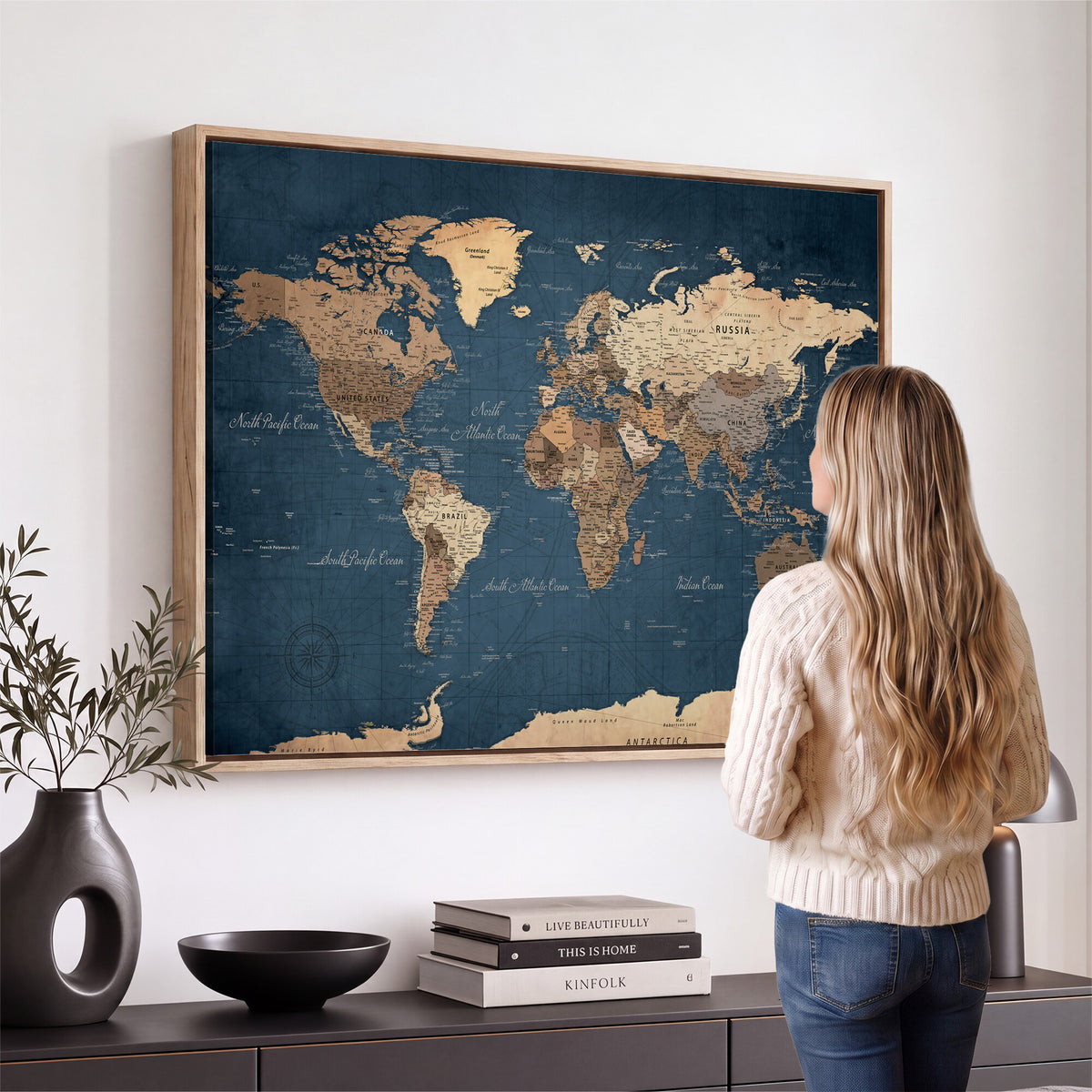 69886352-MGV-CV-36X24 - World Map Wall Art Canvas Print, Modern Decorative Framed Map Artwork Prints for Living Room, Office, Bedroom Wall Decor