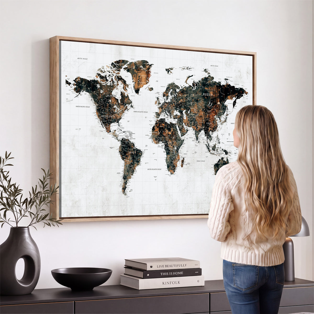 60008766-MGV-CV-36X24 - Large World Map Canvas Print – Framed Travel Map Wall Art