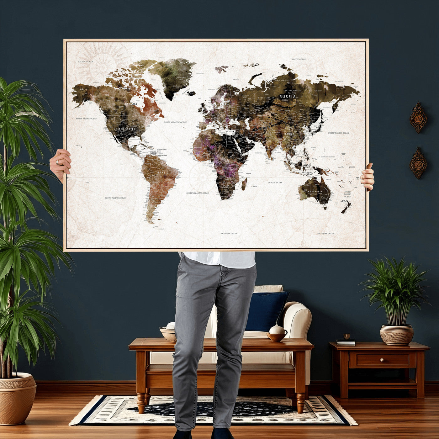 77651968-MGV-CV-36X24 - World Map Wall Art Canvas Print, Modern Decorative Framed Map Artwork Prints for Living Room, Office, Bedroom Wall Decor