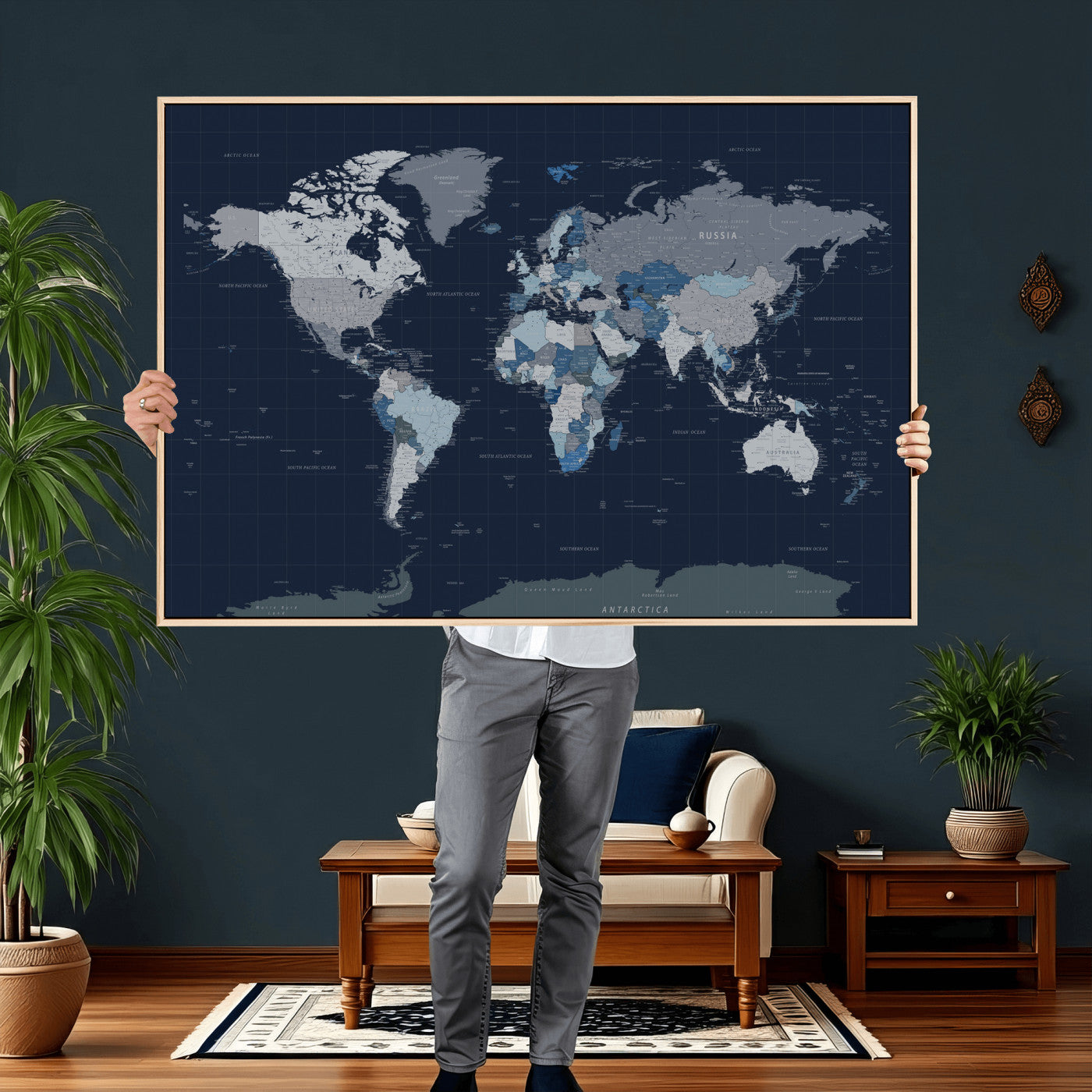 17712680-MGV-CV-36X24 - World Map Wall Art Canvas Print, Modern Decorative Framed Map Artwork Prints for Living Room, Office, Bedroom Wall Decor