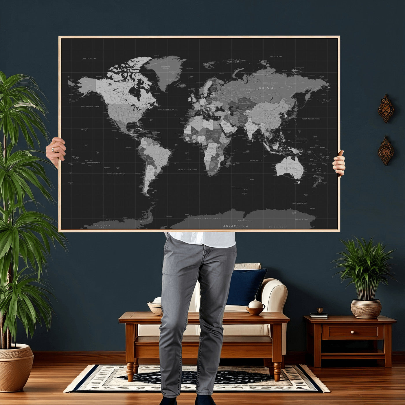 46160121-MGV-CV-36X24 - World Map Wall Art Canvas Print, Modern Decorative Framed Map Artwork Prints for Living Room, Office, Bedroom Wall Decor