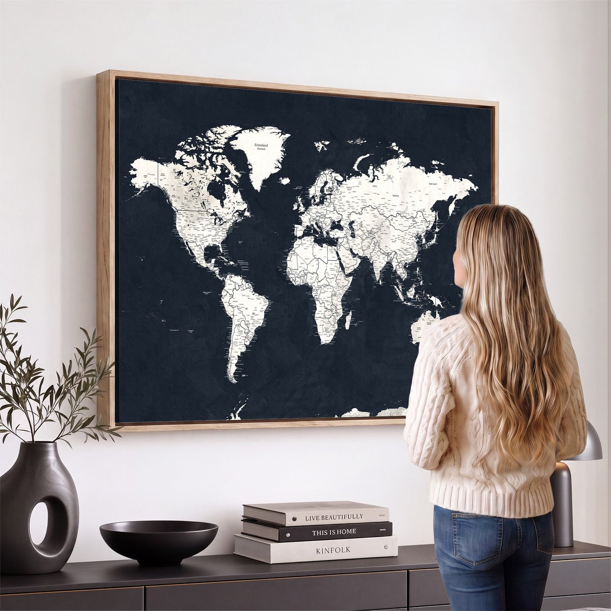 11963807-MGV-CV-36X24 - Black World Map Wall Art Canvas Print for Home Office and Meeting Room Decor