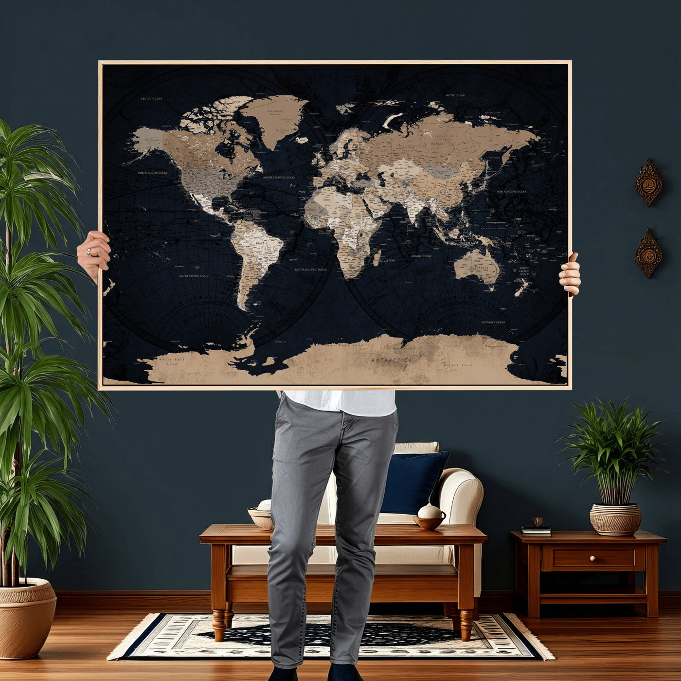 25812727-MGV-CV-36X24 - World Map Wall Art Canvas Print, Modern Decorative Framed Map Artwork Prints for Living Room, Office, Bedroom Wall Decor