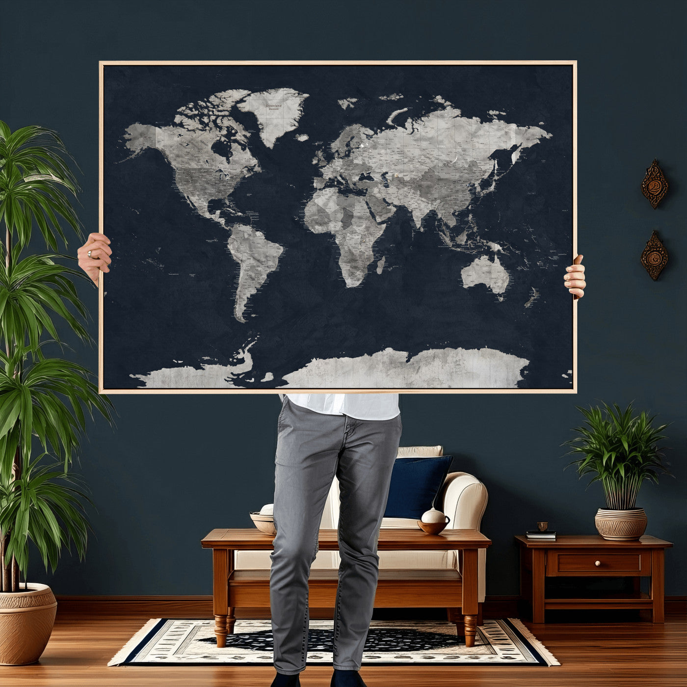 53886659-MGV-CV-36X24 - World Map Wall Art Canvas Print, Modern Decorative Framed Map Artwork Prints for Living Room, Office, Bedroom Wall Decor