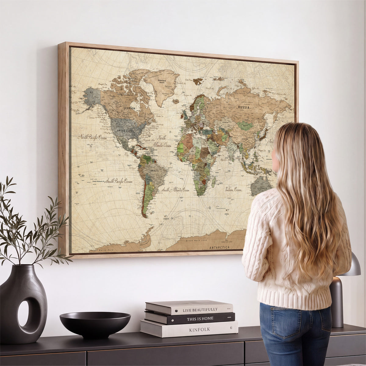 16856902-MGV-CV-36X24 - Vintage World Map Canvas Wall Art - Rustic Grunge Texture