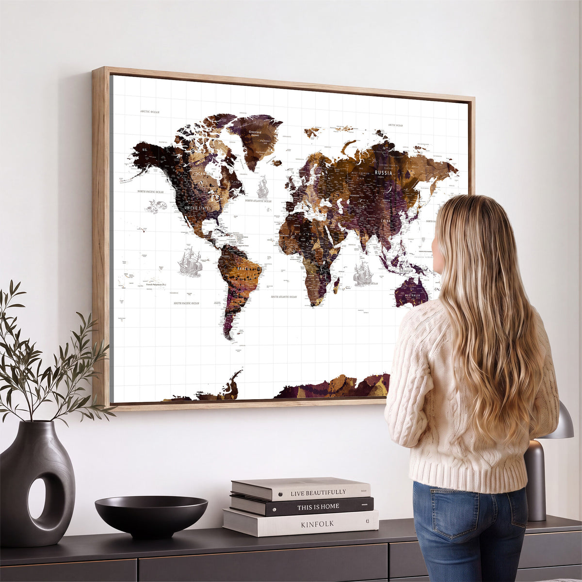 34792695-MGV-CV-36X24 - Rustic World Map Wall Art Canvas Print | Large Vintage Blue World Map on Wood Grain Style Background