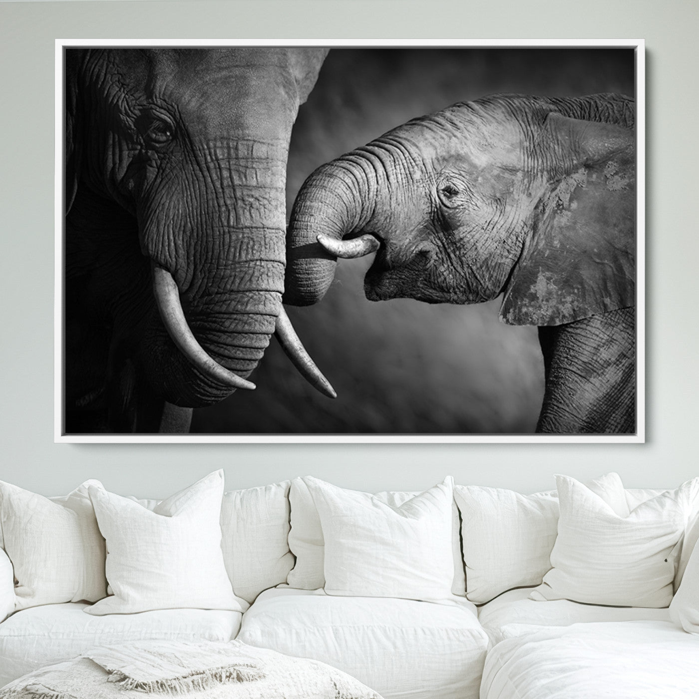 42691-MGV-FC-36X24_White-Elephant Family Wall Art Canvas, Framed Elephant Family Canvas Print