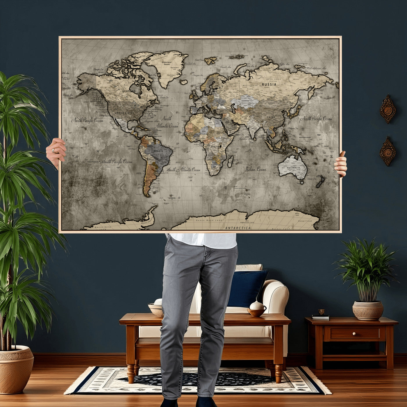 85218700-MGV-CV-36X24 - World Map Wall Art Canvas Print, Modern Decorative Framed Map Artwork Prints for Living Room, Office, Bedroom Wall Decor