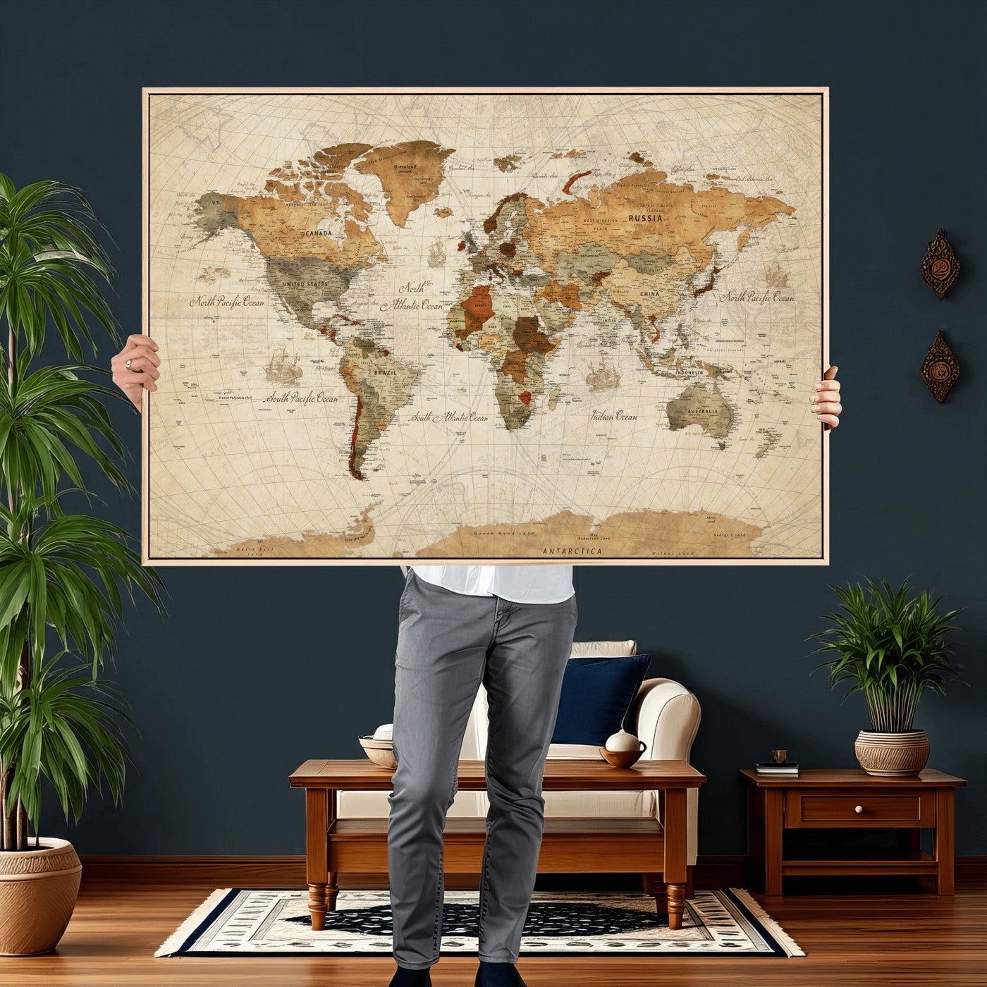 29684537-MGV-CV-36X24 - World Map Wall Art Canvas Print, Modern Decorative Framed Map Artwork Prints for Living Room, Office, Bedroom Wall Decor