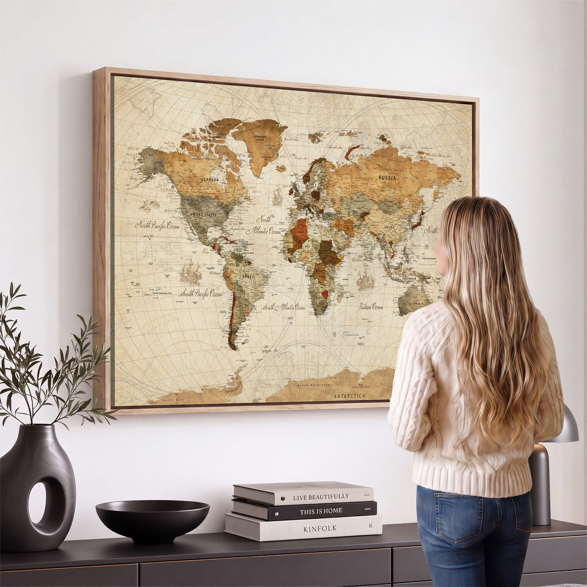 29684537-MGV-CV-36X24 - Vintage World Map Canvas Print, Framed Rustic Detailed Map of the World, Explorer Decor