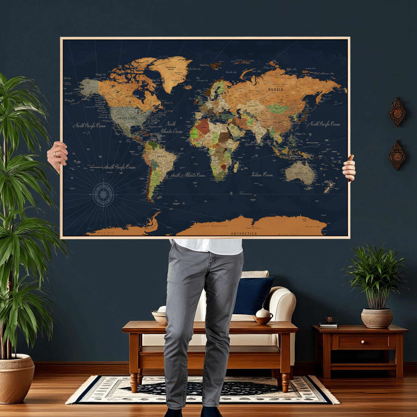 11715182-MGV-CV-36X24 - World Map Wall Art Canvas Print, Modern Decorative Framed Map Artwork Prints for Living Room, Office, Bedroom Wall Decor