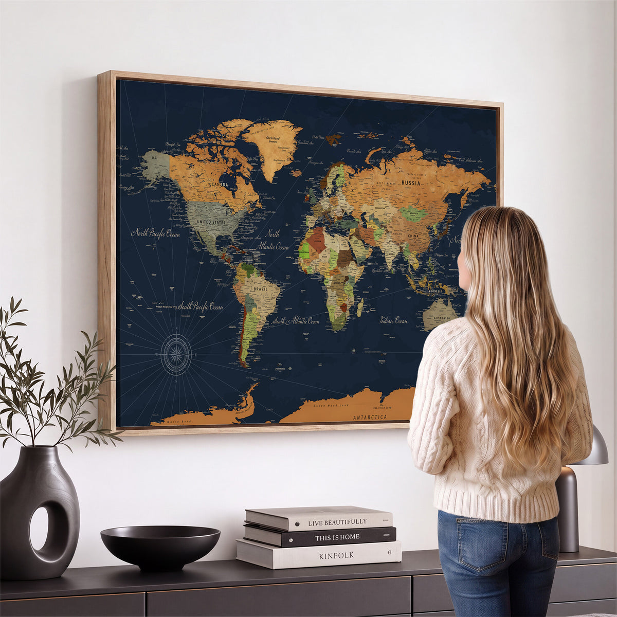 11715182-MGV-CV-36X24 - Modern World Map Canvas Print, Framed Detailed Map of the World Wall Art