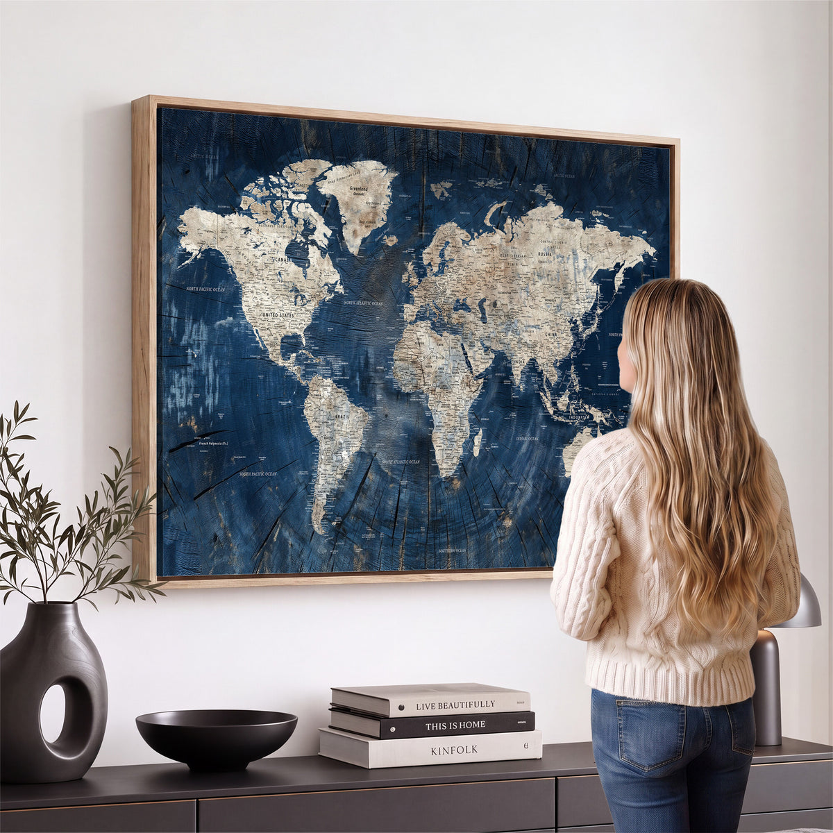 56126010-MGV-CV-36X24 - Large Blue World Map Wall Art Canvas Print for Home Office