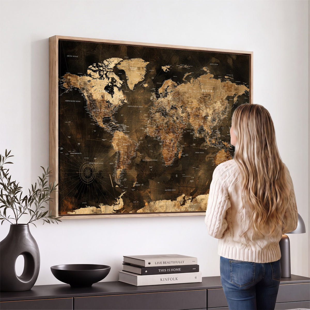97742922-MGV-CV-36X24 - World Map Canvas Print, Modern Decorative Framed Map Artwork