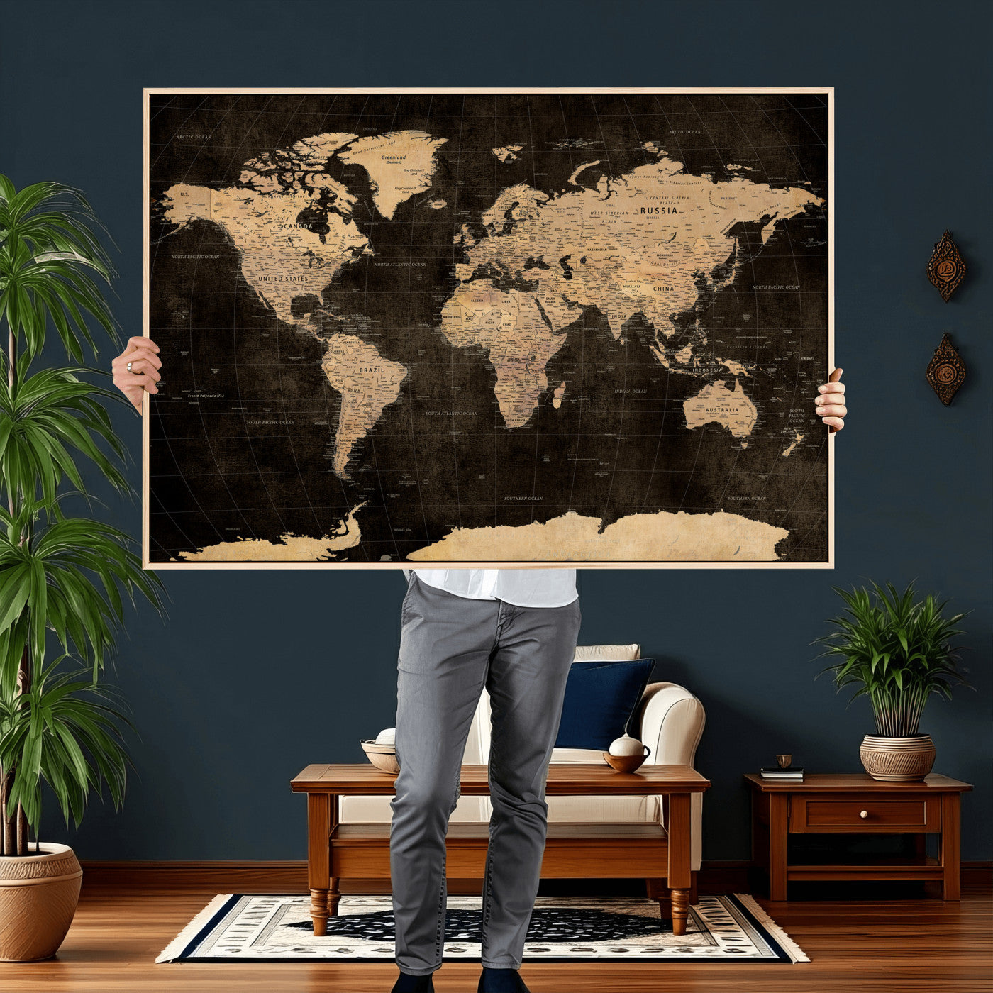 17790470-MGV-CV-36X24 - World Map Wall Art Canvas Print, Modern Decorative Framed Map Artwork Prints for Living Room, Office, Bedroom Wall Decor