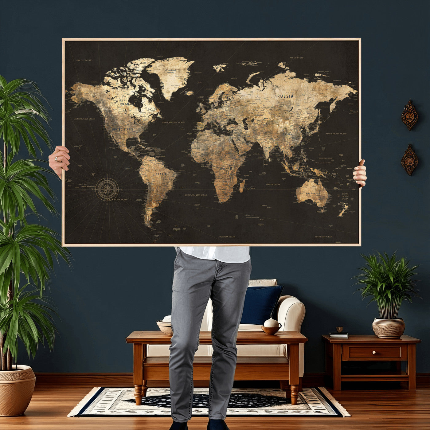 70985630-MGV-CV-36X24 - World Map Wall Art Canvas Print, Modern Decorative Framed Map Artwork Prints for Living Room, Office, Bedroom Wall Decor