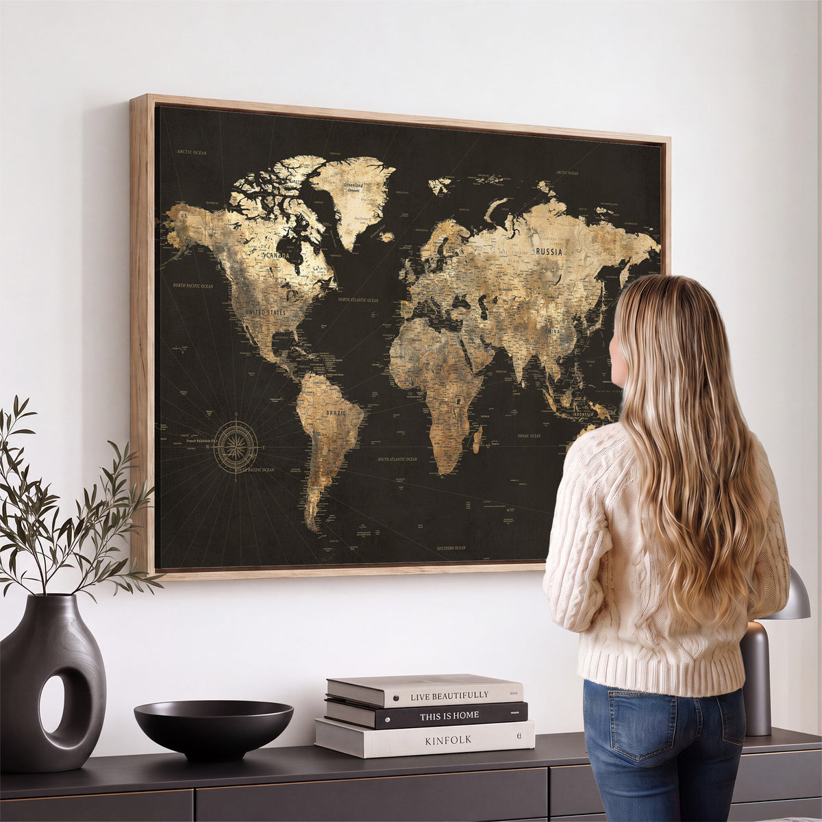 70985630-MGV-CV-36X24 - Framed World Map with Pin Canvas Print – Detailed World Map