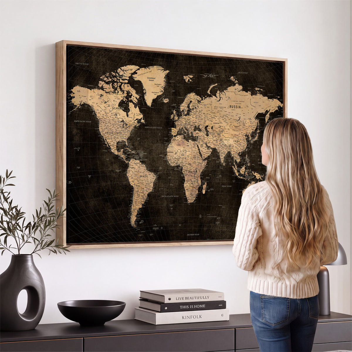 15118265-MGV-CV-36X24 - Brown World Map Canvas Print | Modern Travel Map Wall Art
