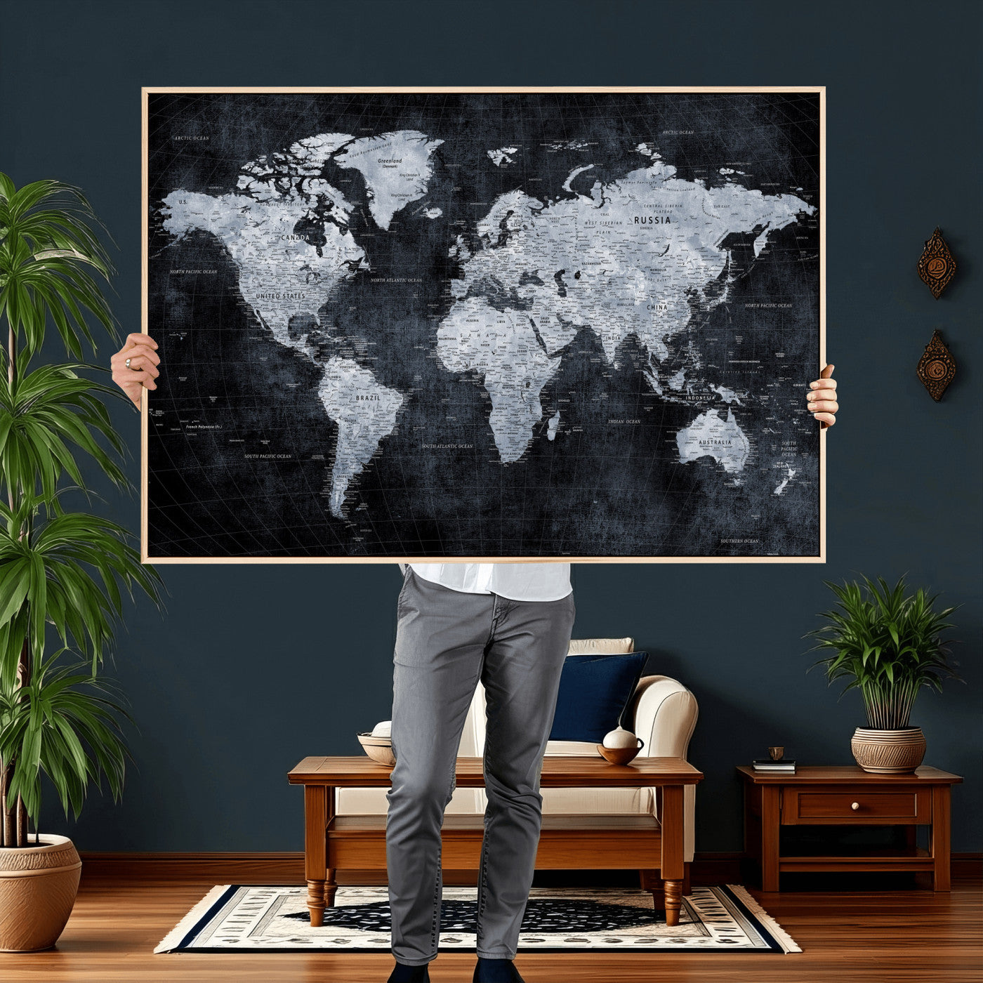 86893704-MGV-CV-36X24 - World Map Wall Art Canvas Print, Modern Decorative Framed Map Artwork Prints for Living Room, Office, Bedroom Wall Decor