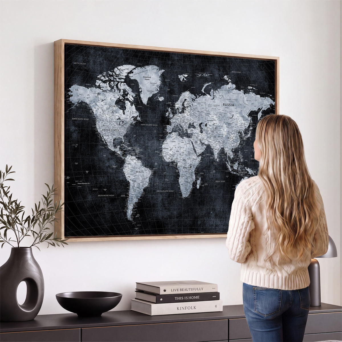 86893704-MGV-CV-36X24 - Black World Map Canvas Print | Detailed Map for Couples and Anniversary Gift