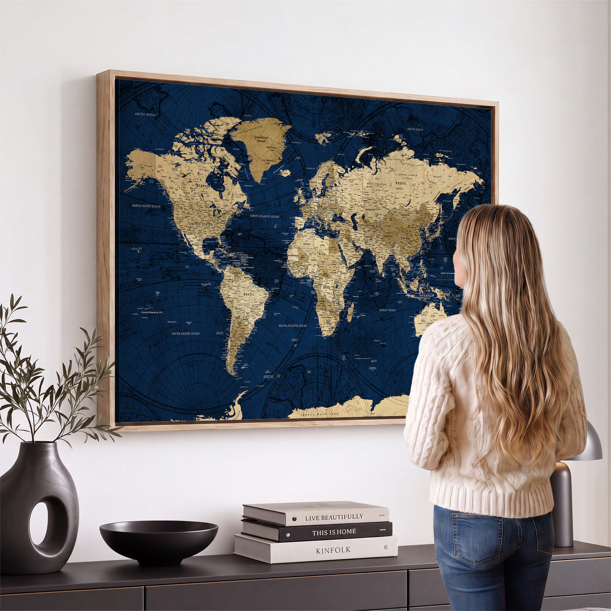 54770746-MGV-CV-36X24 - Navy Blue World Map Canvas Print – Detailed Map Minimal Navy