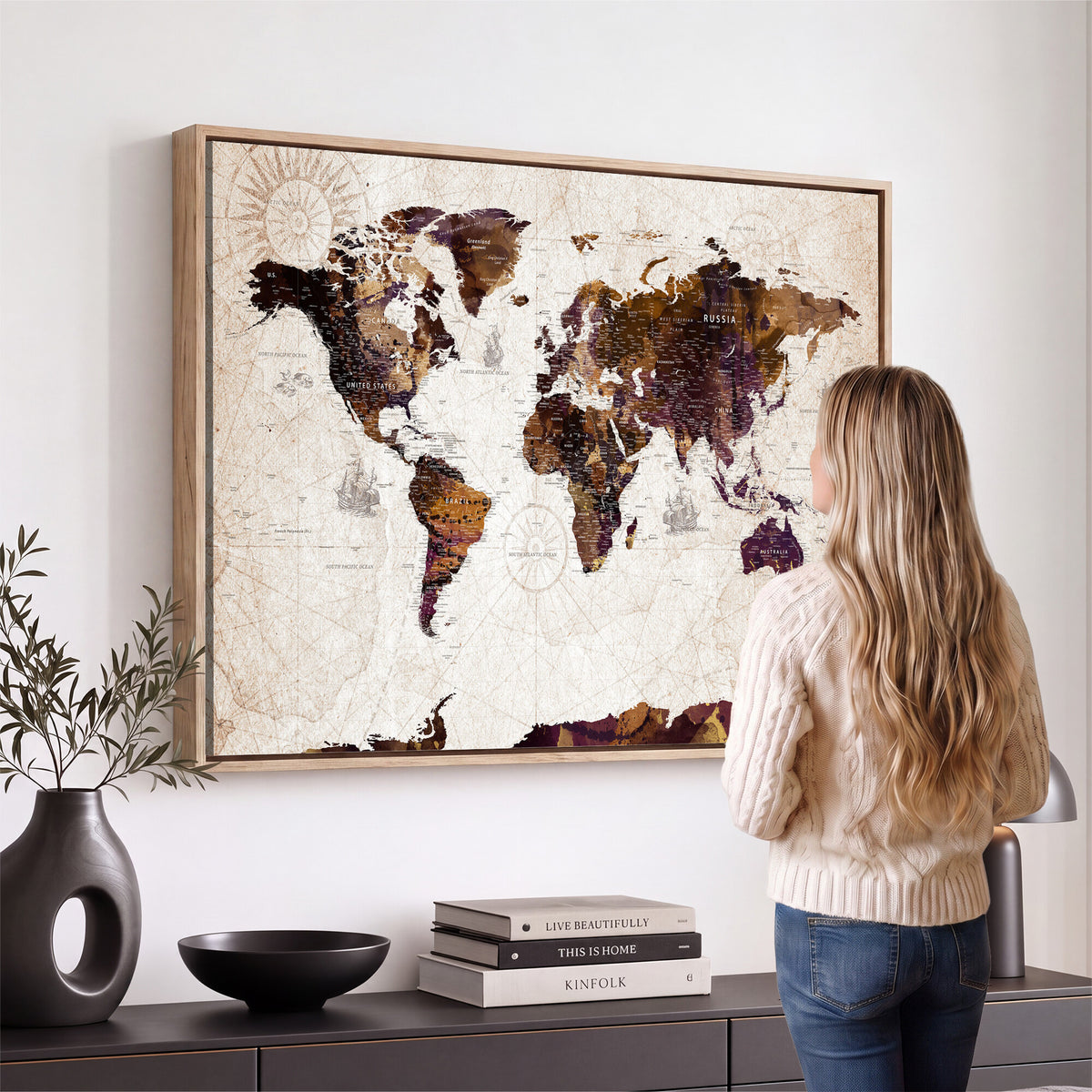 53400857-MGV-CV-36X24 - Blue Watercolor World Map Canvas Print – Framed Modern Wall