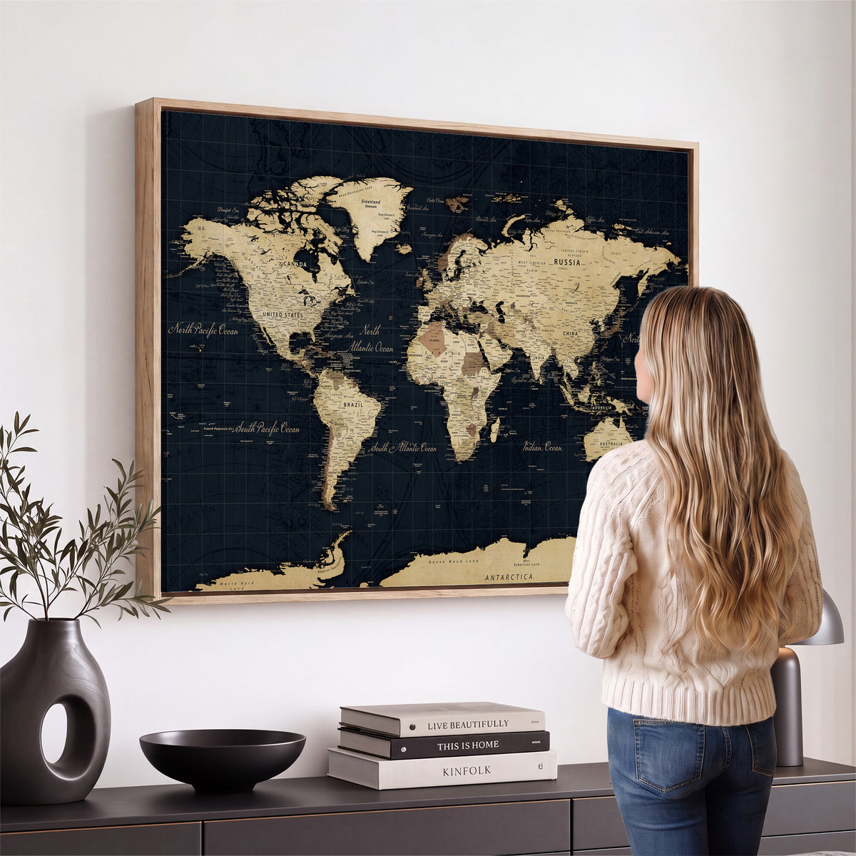 45063434-MGV-CV-36X24 - Dark World Map Canvas Wall Art Print, Minimal Black and Gold Map