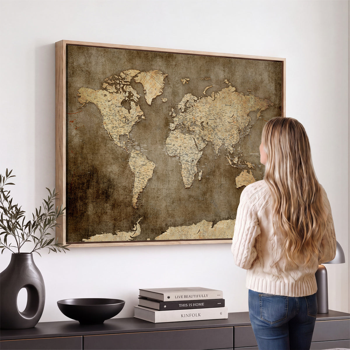 35847542-MGV-CV-36X24 - Dark Vintage World Map Canvas Wall Art Print, Antique Map