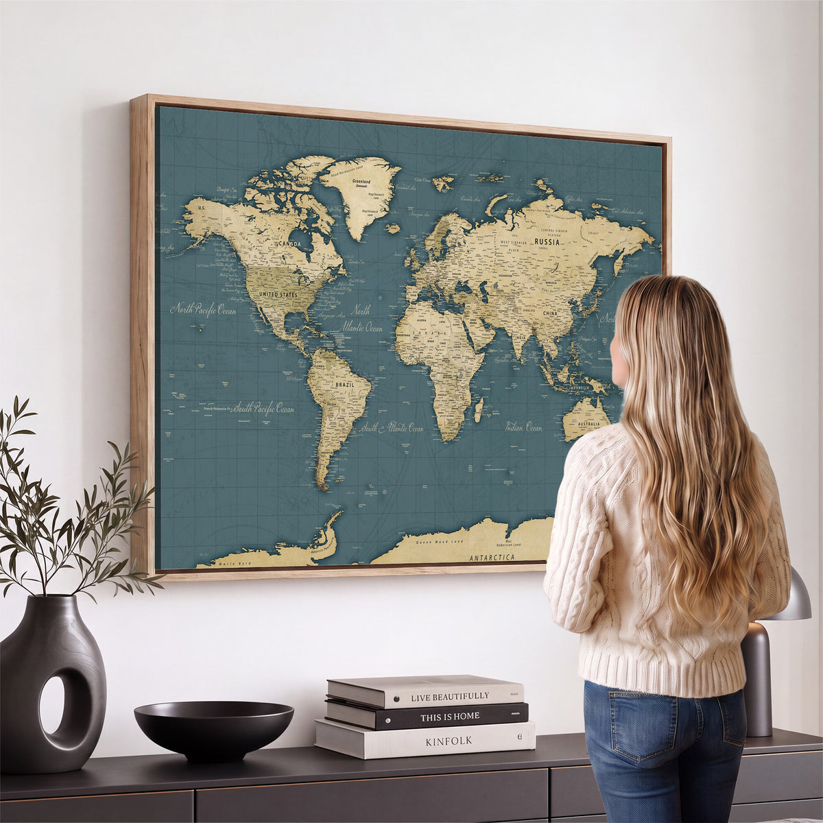 99599383-MGV-CV-36X24 - Minimal Vintage World Map Canvas Wall Art Print, Neutral