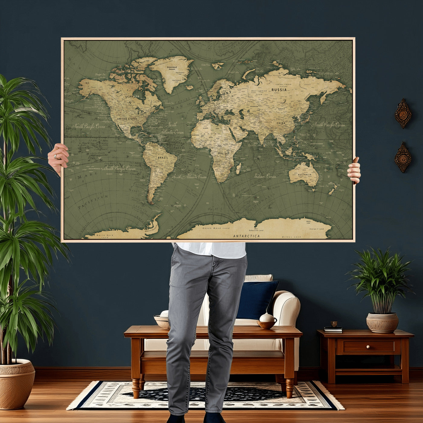 75846040-MGV-CV-36X24 - World Map Wall Art Canvas Print, Modern Decorative Framed Map Artwork Prints for Living Room, Office, Bedroom Wall Decor