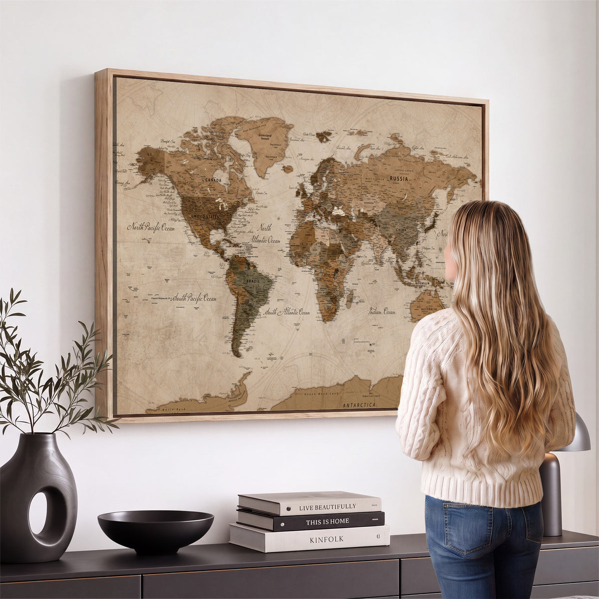 40064188-MGV-CV-36X24 - World Map Wall Art Canvas Print, Modern Decorative Framed Map Artwork Prints for Living Room, Office, Bedroom Wall Decor