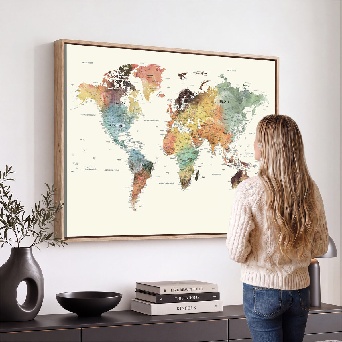 64206059-MGV-CV-36X24 - Framed World Map Wall Art Canvas Print for Living Room and Study Room