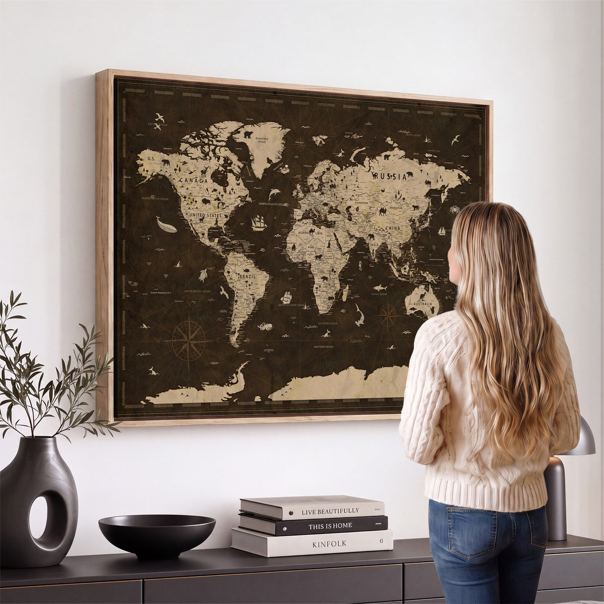 44276398-MGV-CV-36X24 - World Map Wall Art Canvas Print, Modern Decorative Framed Map Artwork Prints for Living Room, Office, Bedroom Wall Decor