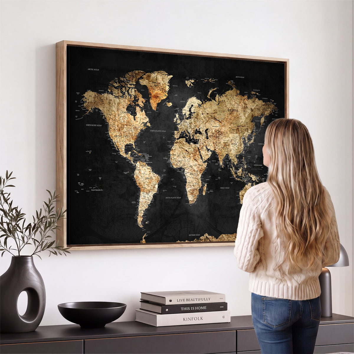 23568589-MGV-CV-36X24 - World Map Wall Art Canvas Print, Modern Decorative Framed Map Artwork Prints for Living Room, Office, Bedroom Wall Decor