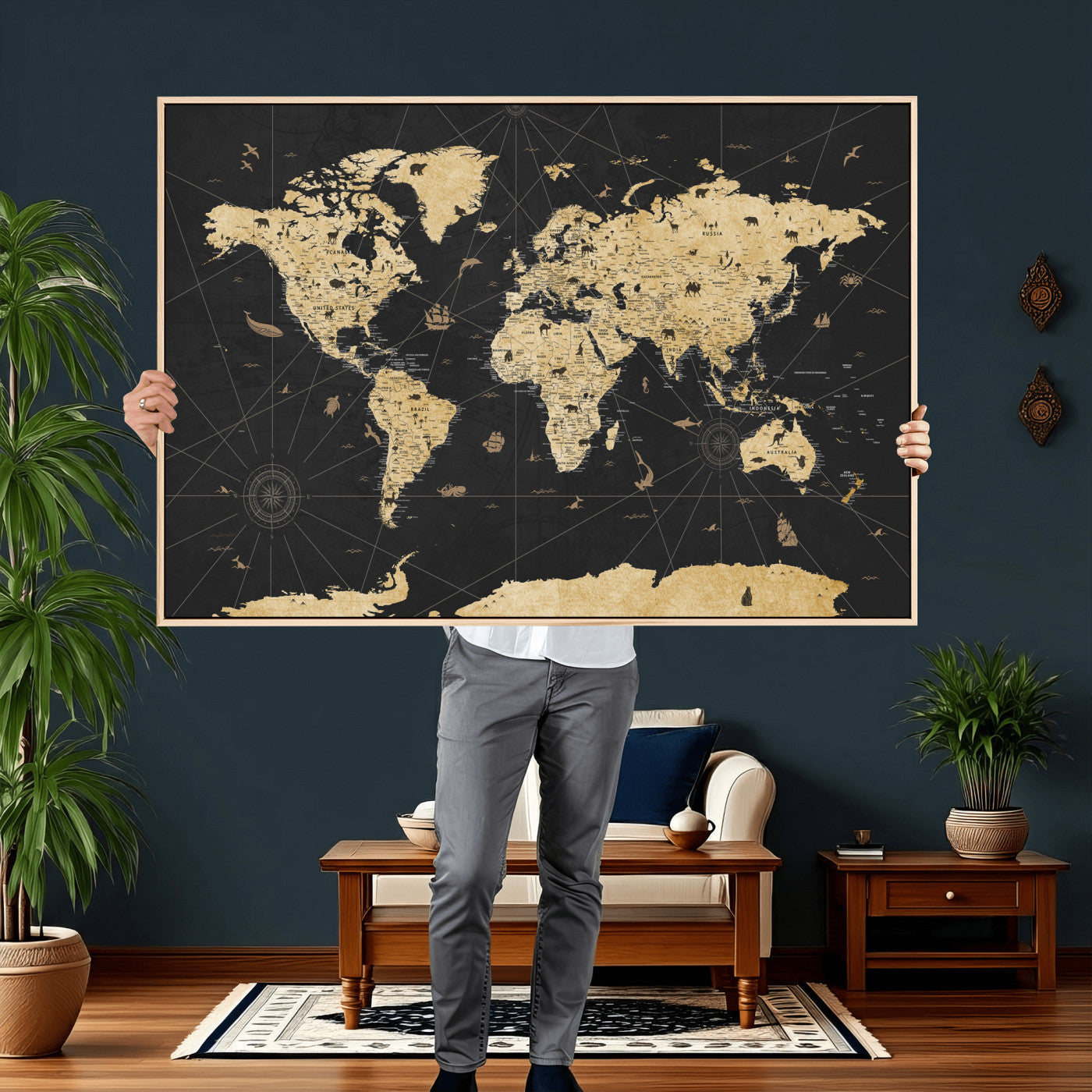 80270976-MGV-CV-36X24 - World Map Wall Art Canvas Print, Modern Decorative Framed Map Artwork Prints for Living Room, Office, Bedroom Wall Decor