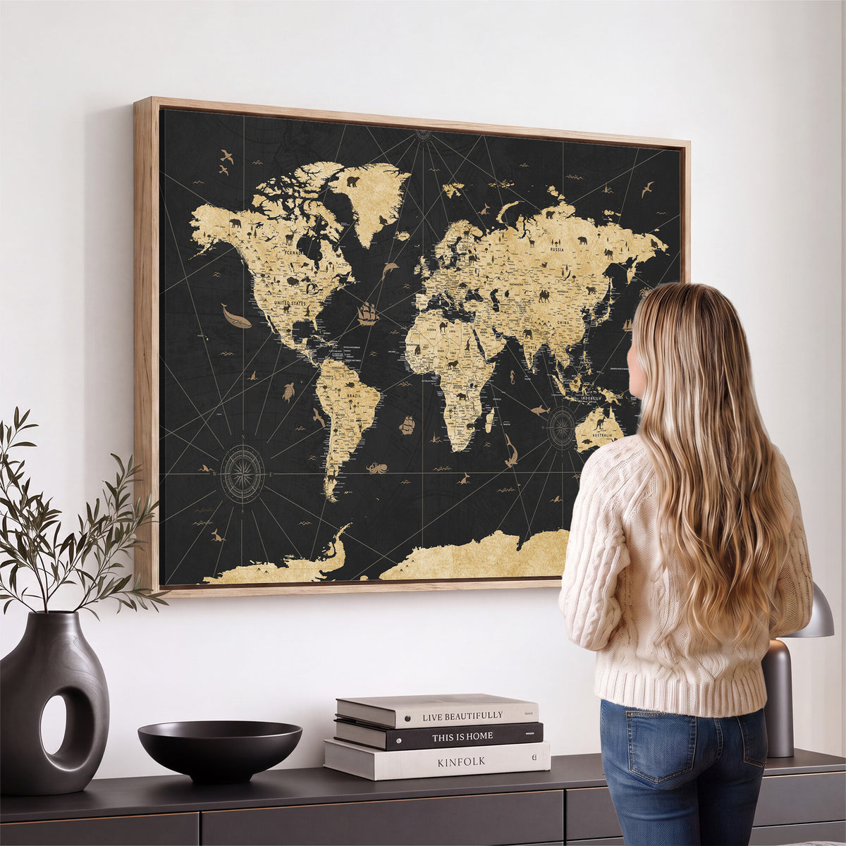 80270976-MGV-CV-36X24 - World Map Wall Art Canvas Print, Modern Decorative Framed Map Artwork Prints for Living Room, Office, Bedroom Wall Decor