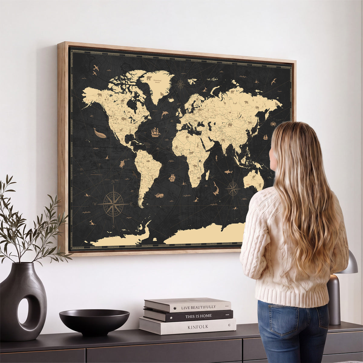 75220264-MGV-CV-36X24 - World Map Wall Art Canvas Print, Modern Decorative Framed Map Artwork Prints for Living Room, Office, Bedroom Wall Decor