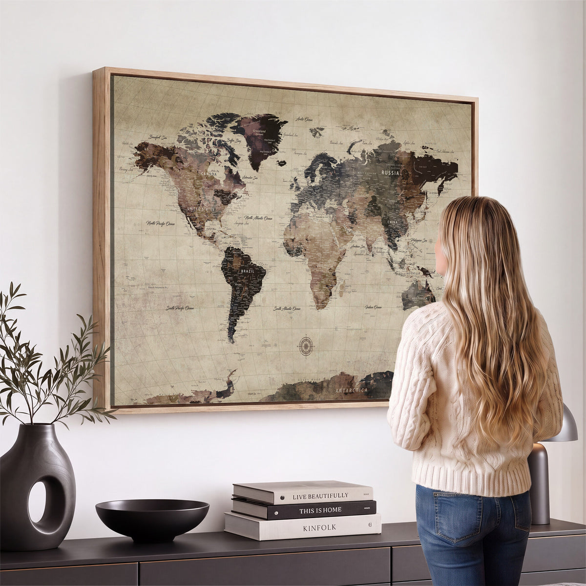 60560672-MGV-CV-36X24 - World Map Wall Art Canvas Print, Modern Decorative Framed Map Artwork Prints for Living Room, Office, Bedroom Wall Decor