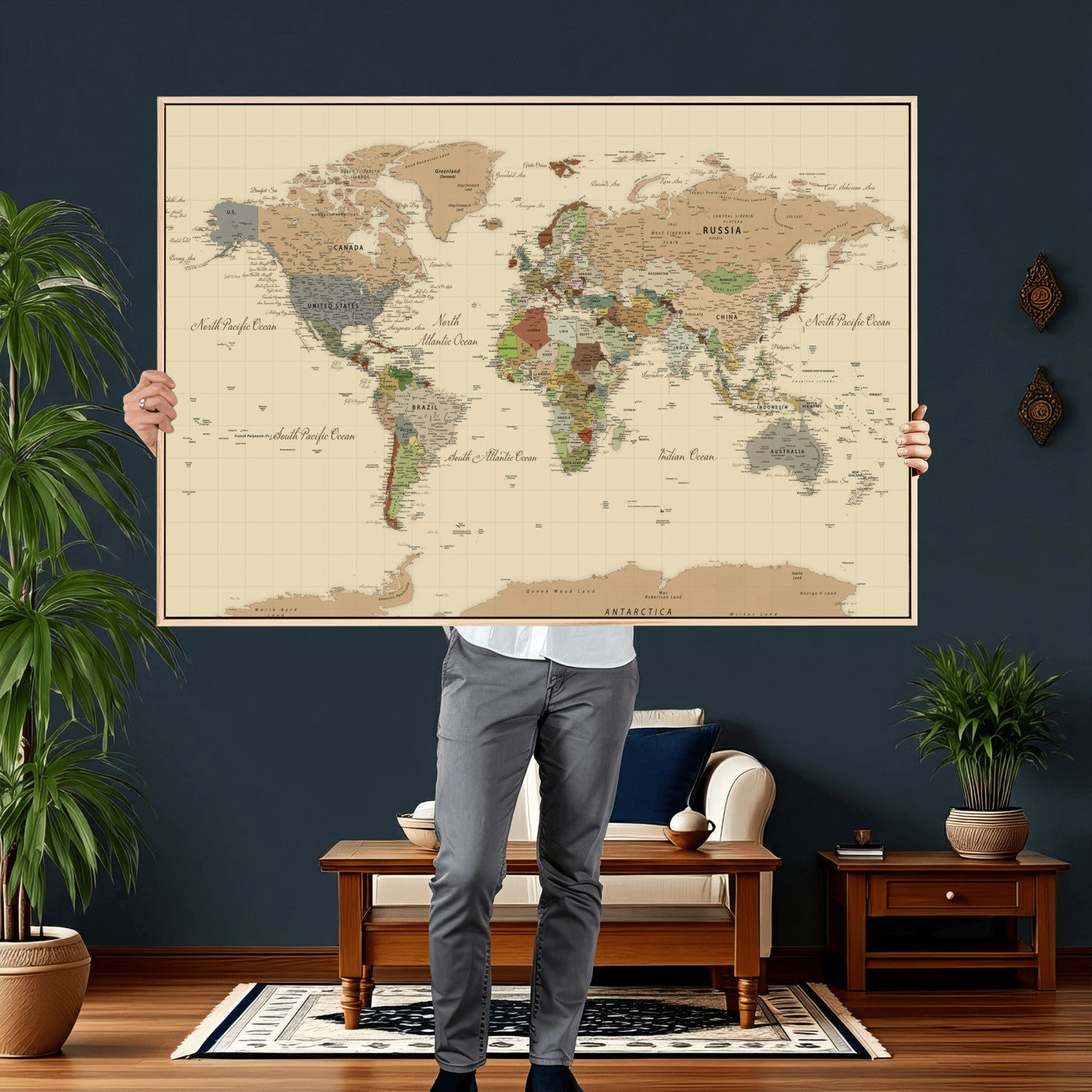31407854-MGV-CV-36X24 - World Map Wall Art Canvas Print, Modern Decorative Framed Map Artwork Prints for Living Room, Office, Bedroom Wall Decor