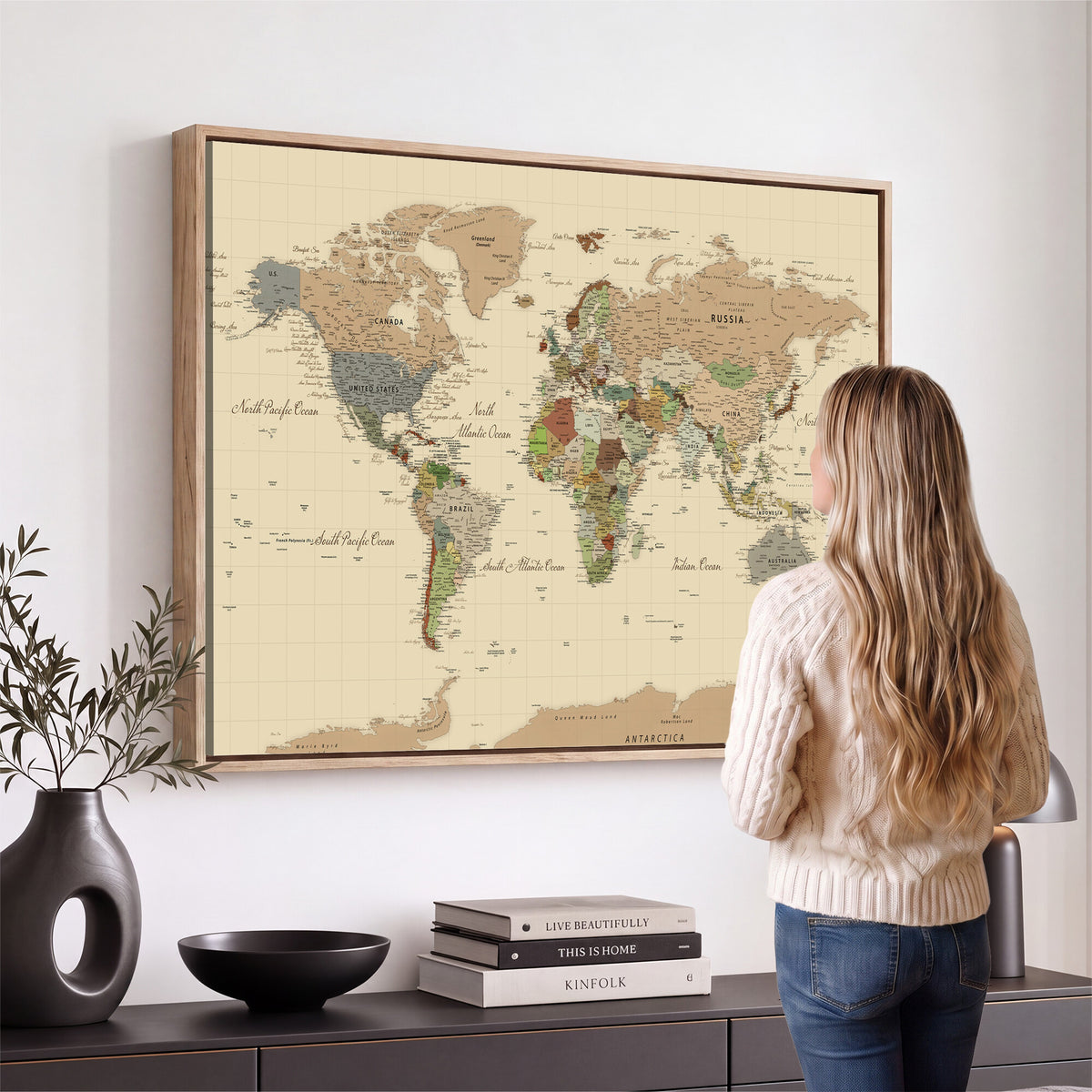 31407854-MGV-CV-36X24 - World Map Wall Art Canvas Print, Modern Decorative Framed Map Artwork Prints for Living Room, Office, Bedroom Wall Decor