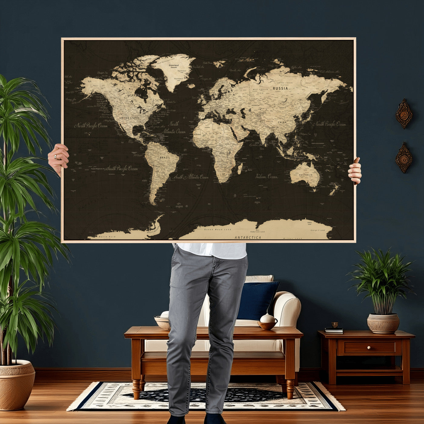 89024244-MGV-CV-36X24 - World Map Wall Art Canvas Print, Modern Decorative Framed Map Artwork Prints for Living Room, Office, Bedroom Wall Decor