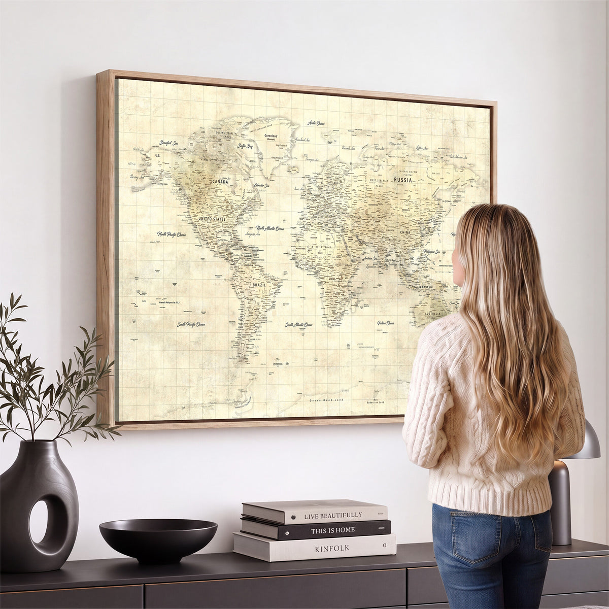 17101439-MGV-CV-36X24 - World Map Wall Art Canvas Print, Modern Decorative Framed Map Artwork Prints for Living Room, Office, Bedroom Wall Decor