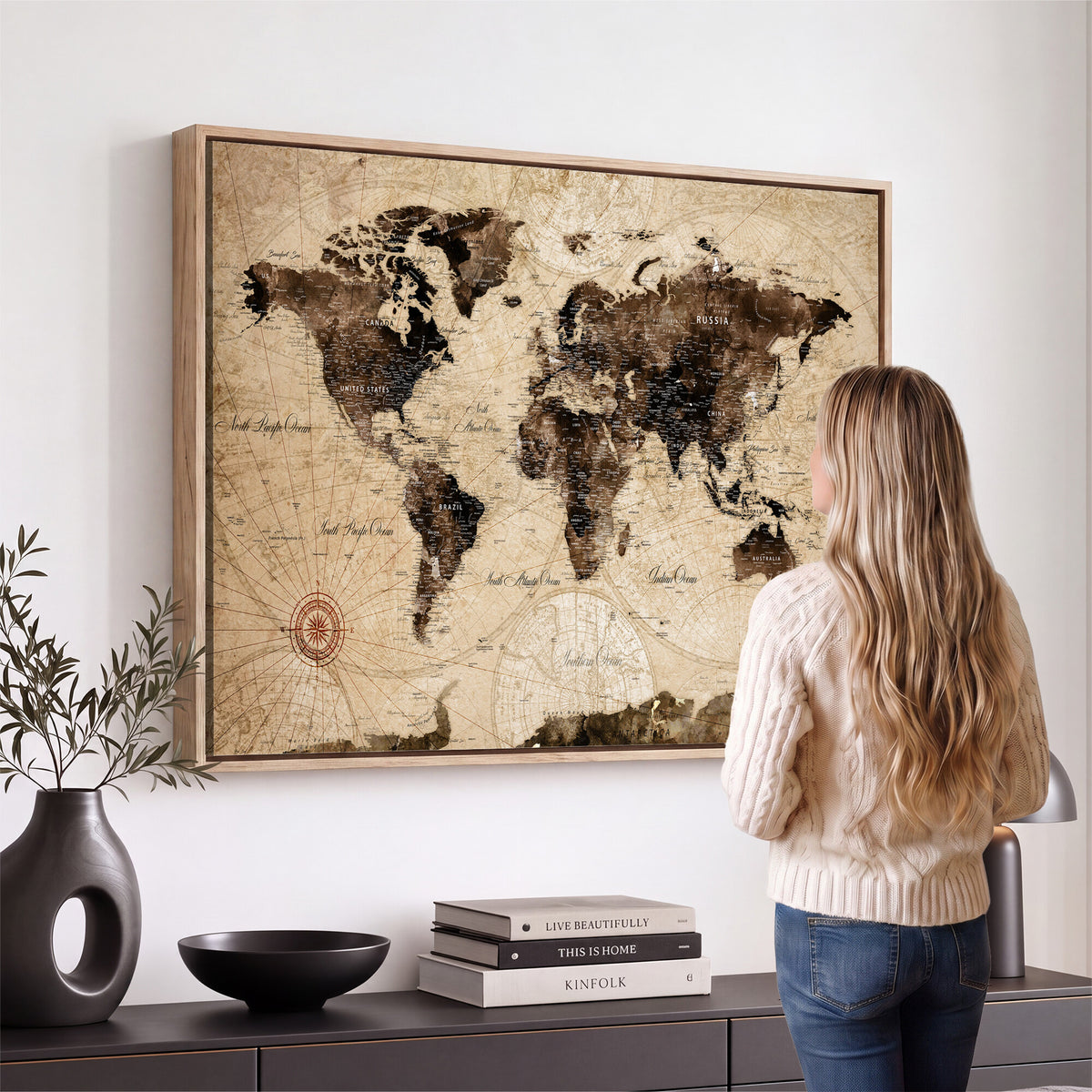 47657418-MGV-CV-36X24 - World Map Wall Art Canvas Print, Modern Decorative Framed Map Artwork Prints for Living Room, Office, Bedroom Wall Decor